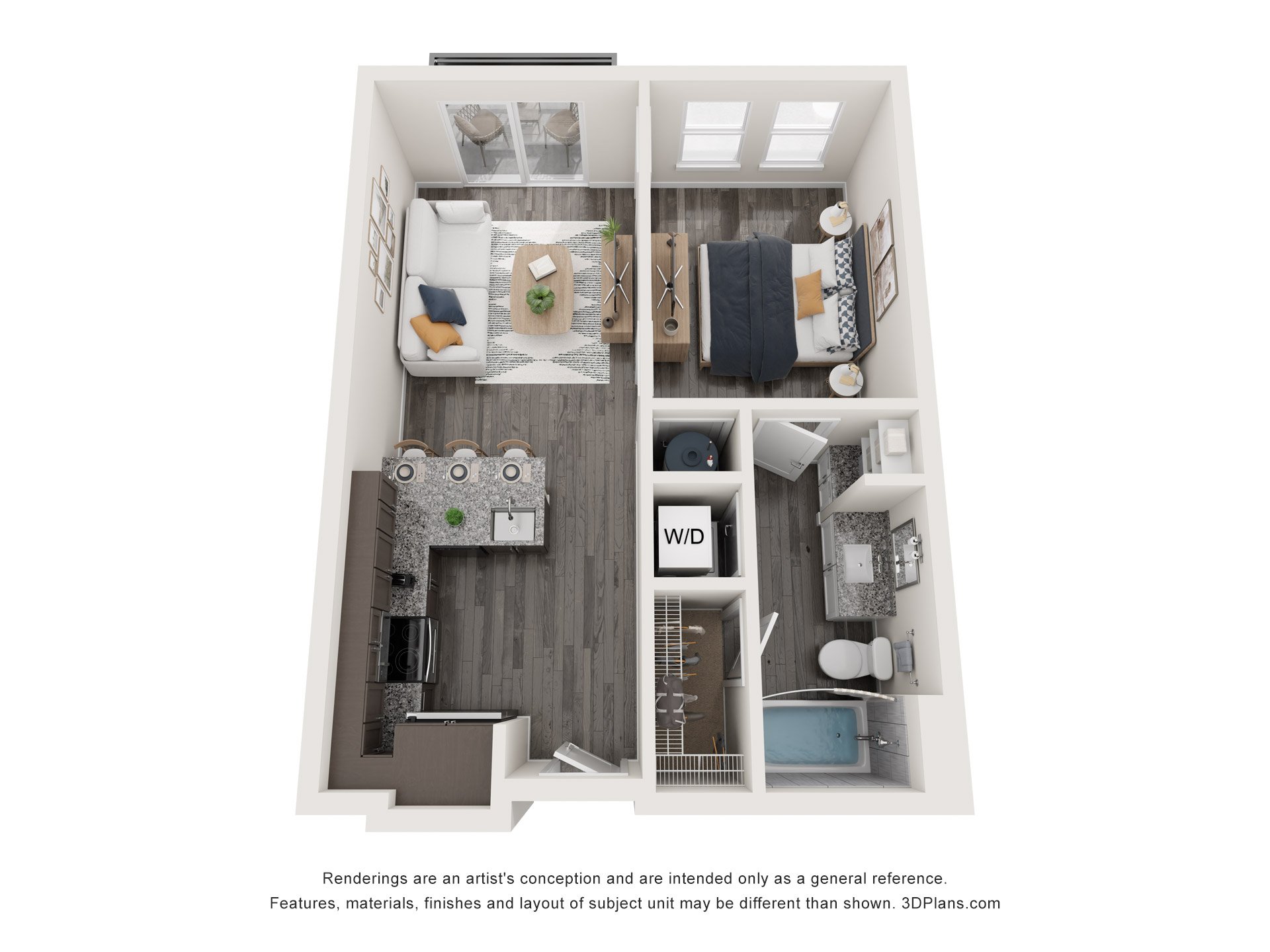 Floor plan for 1 bed, 1 bath, 621 sqft